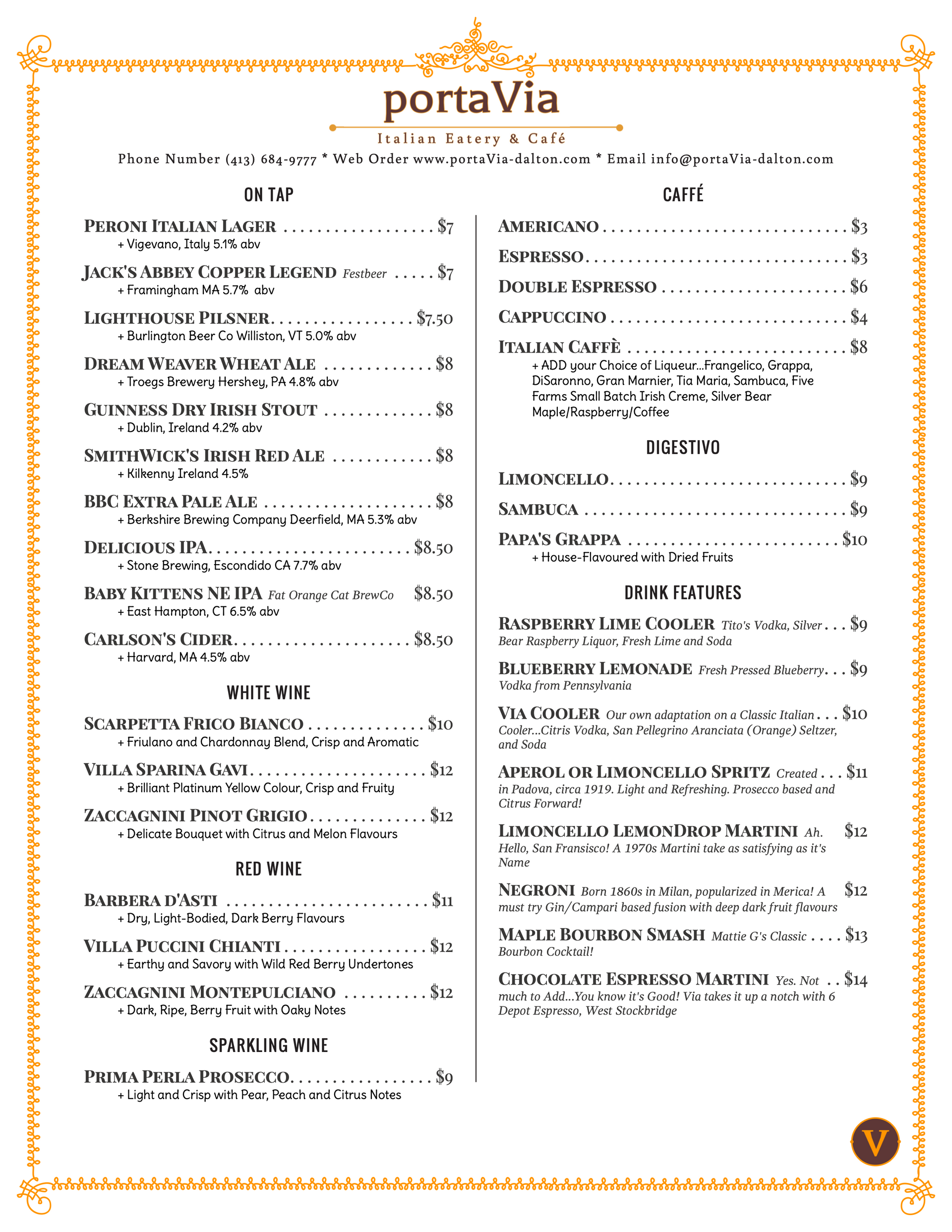 A menu for a restaurant called porta via