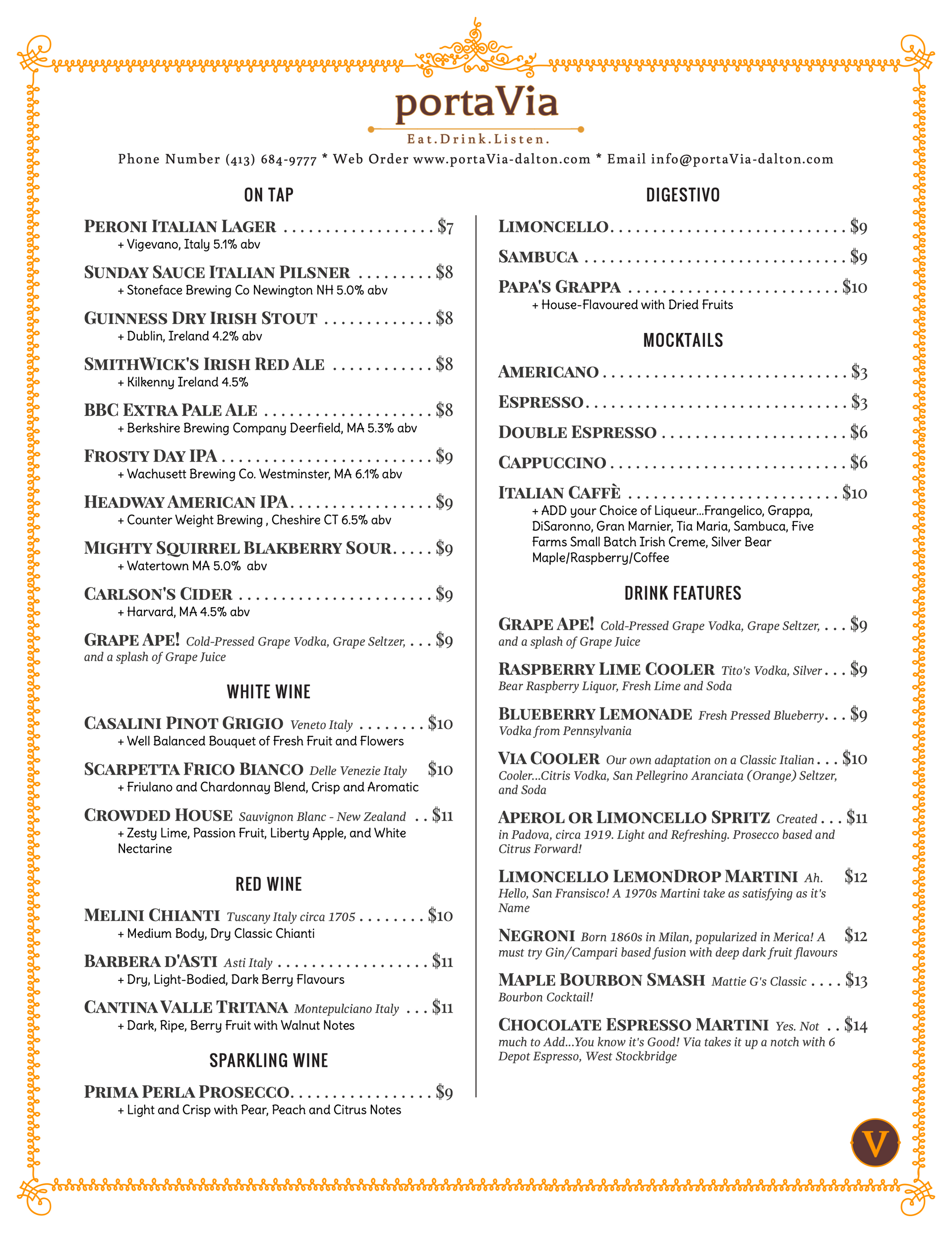 A menu for a restaurant called porta via