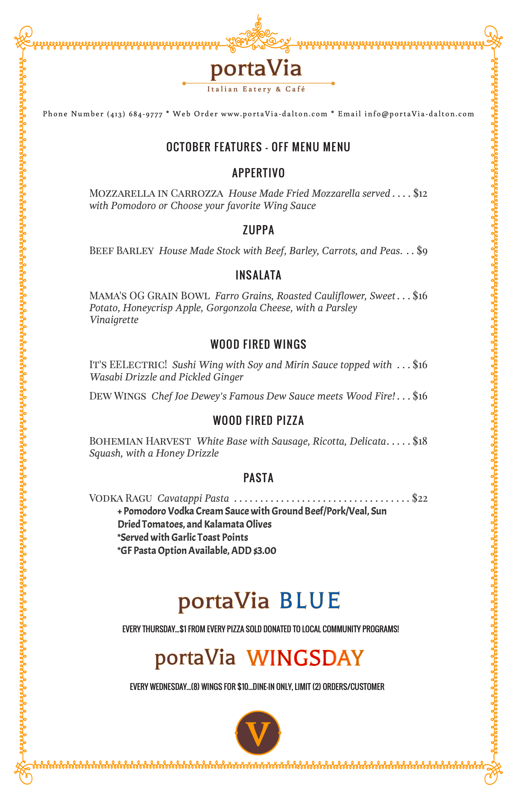 A menu for a restaurant called portavia blue