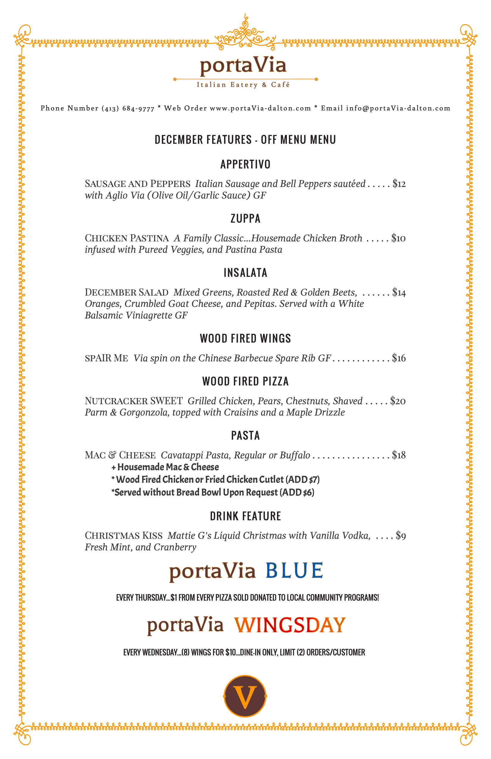 A menu for a restaurant called portavia blue