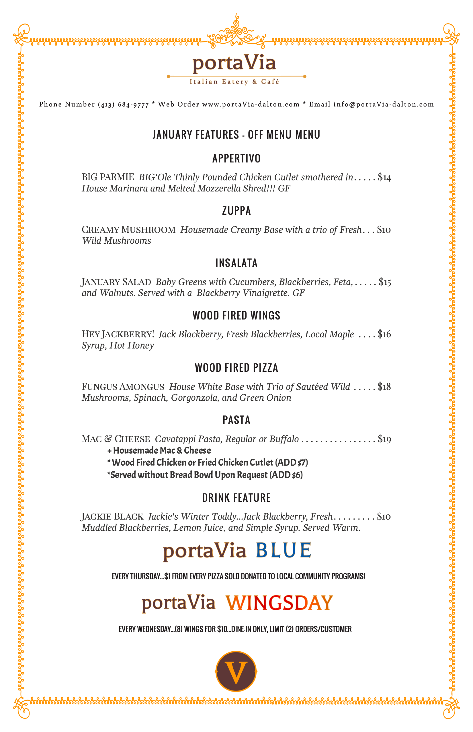 A menu for a restaurant called portavia blue