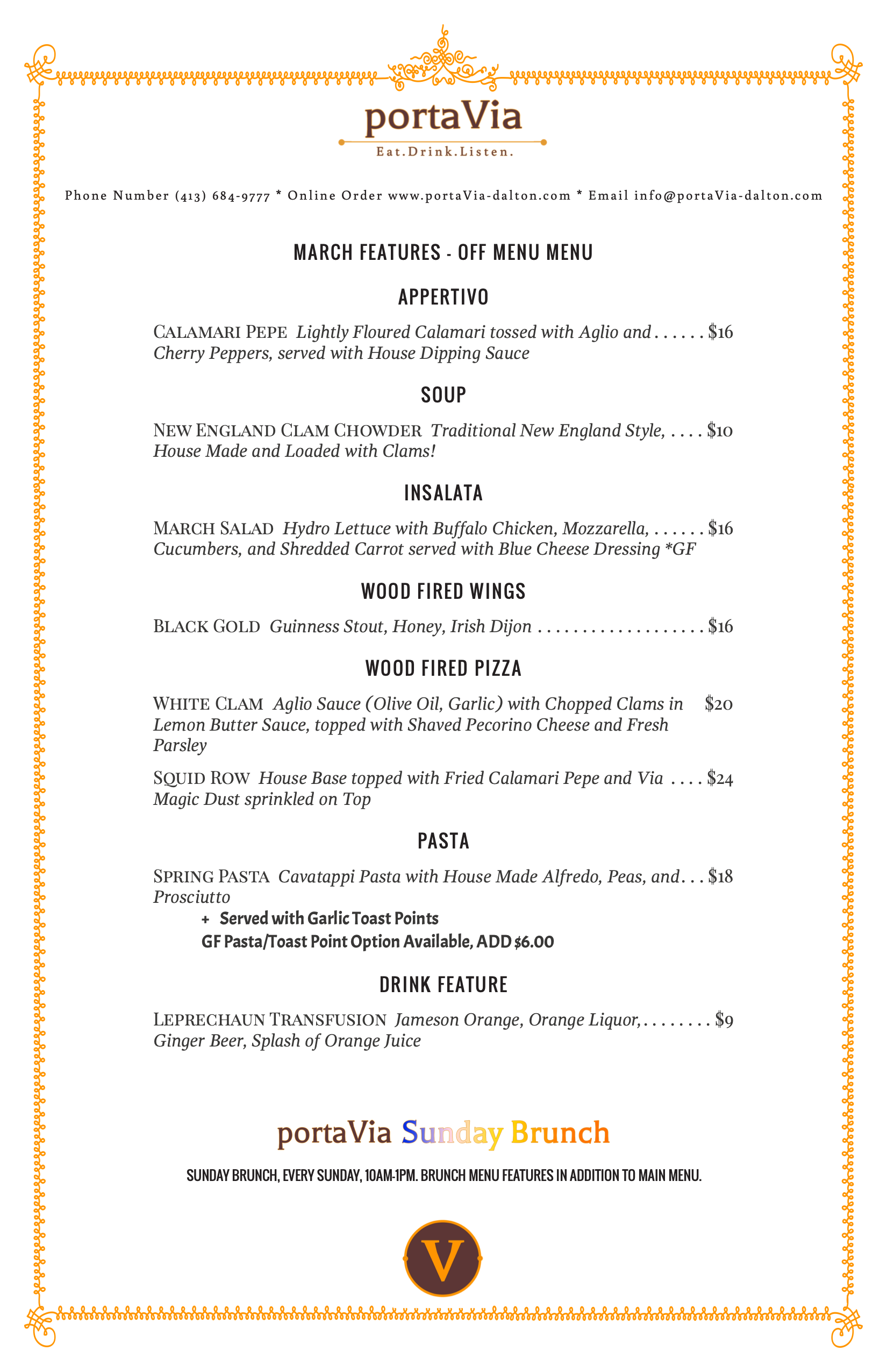 A menu for a restaurant called portavia blue