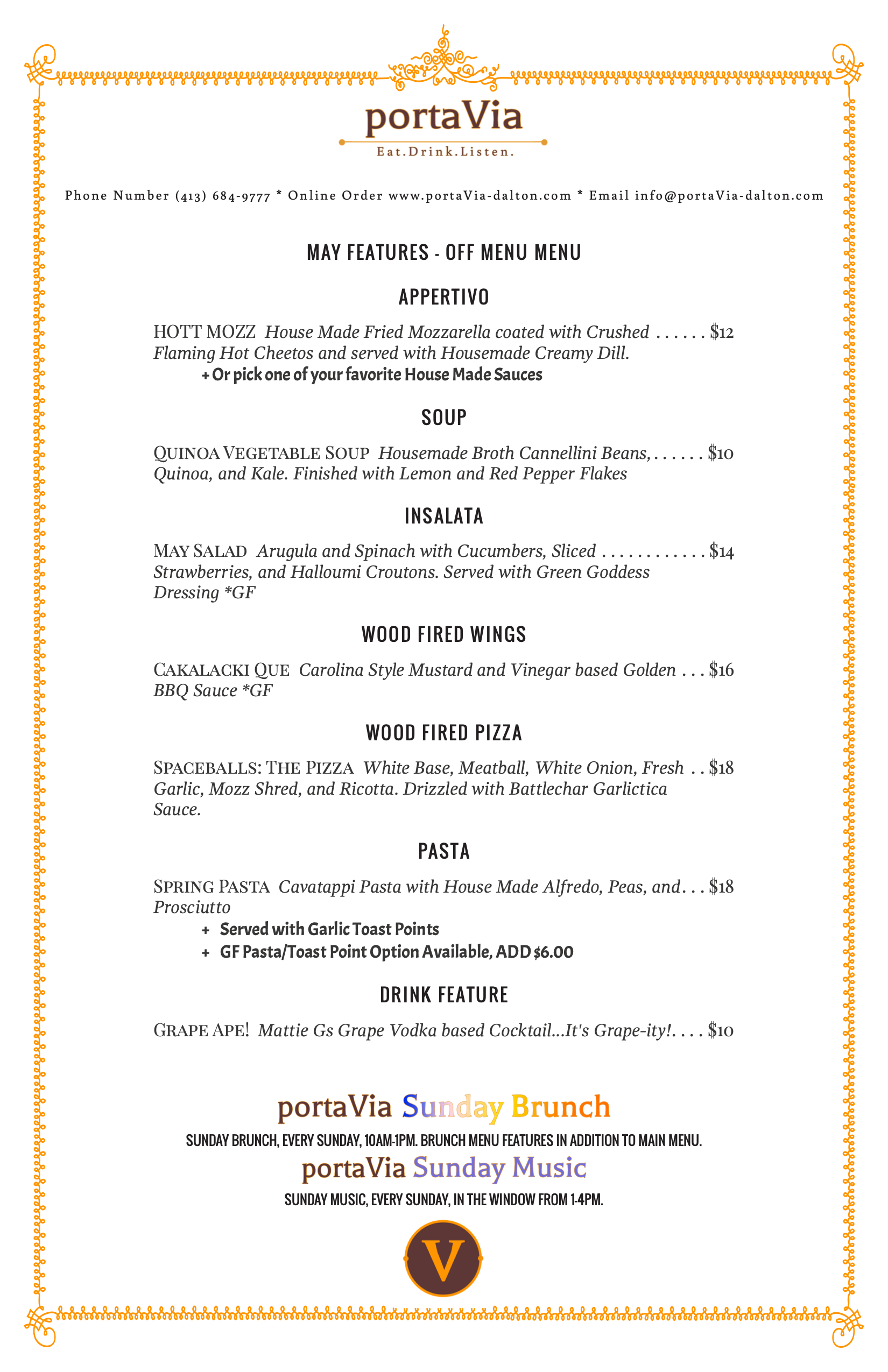 A menu for a restaurant called portavia blue