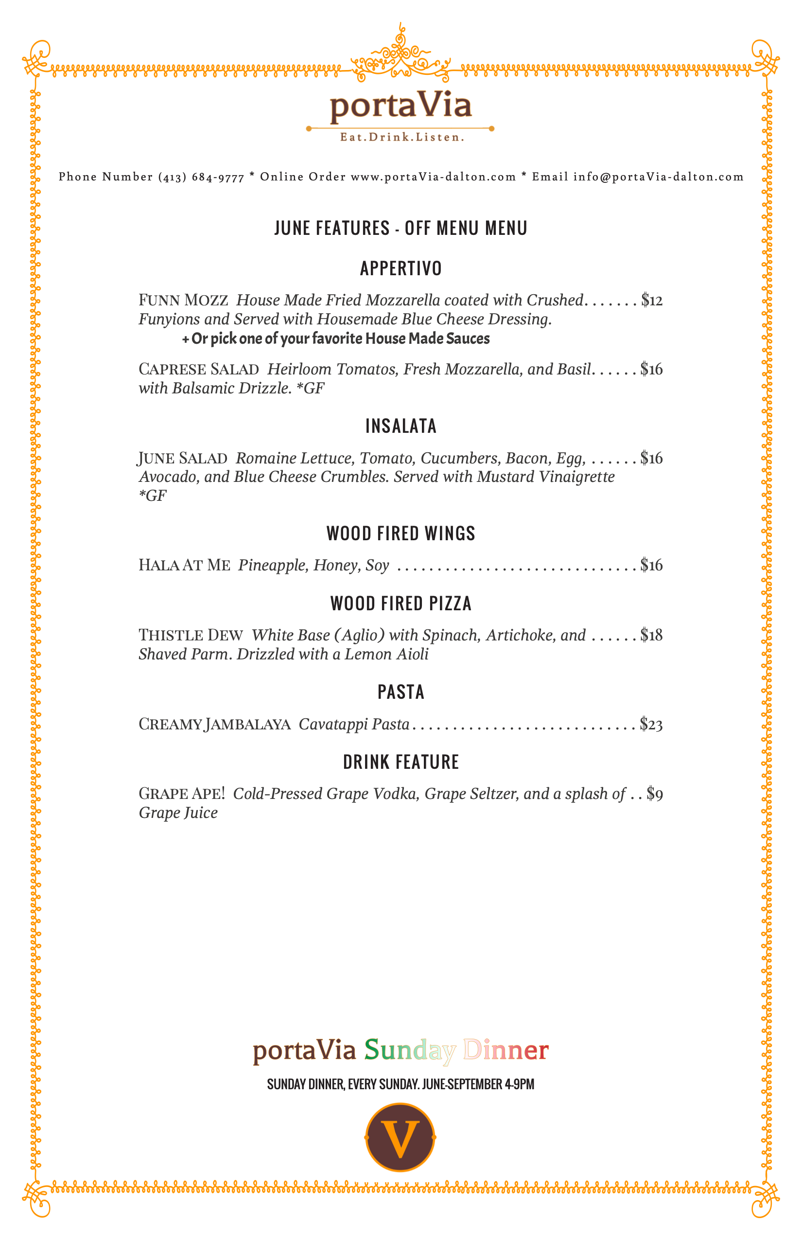 A menu for a restaurant called portavia blue