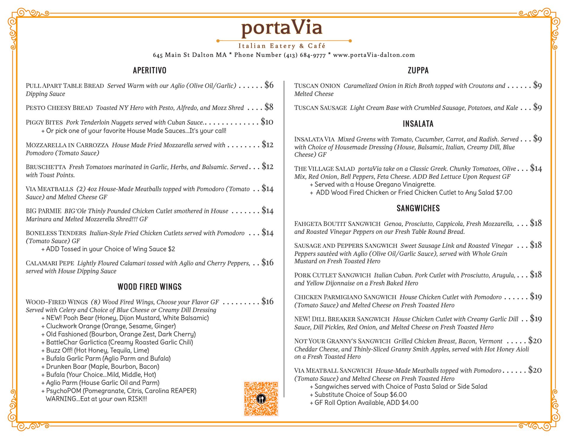 A menu for a restaurant called porta via.