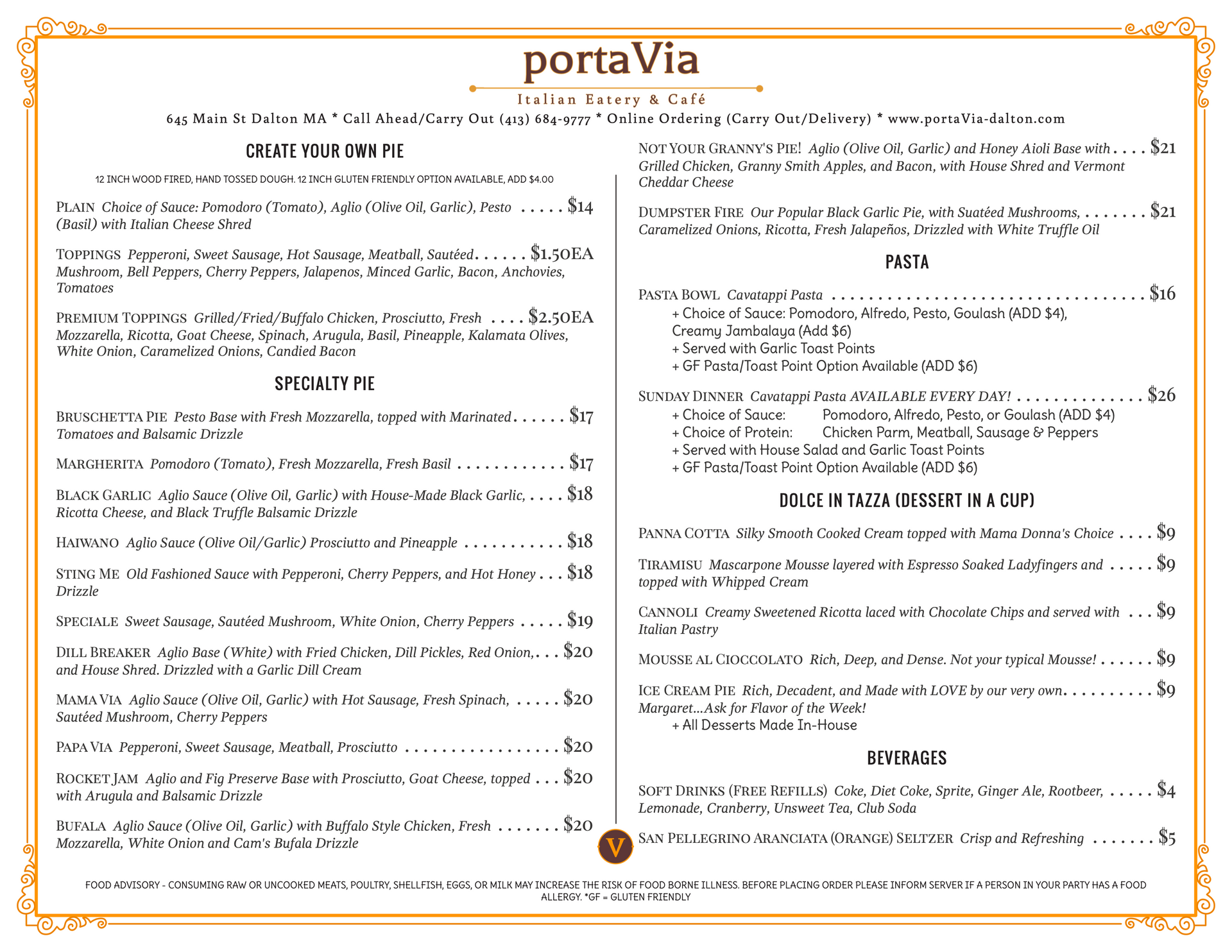A menu for a restaurant called porta via