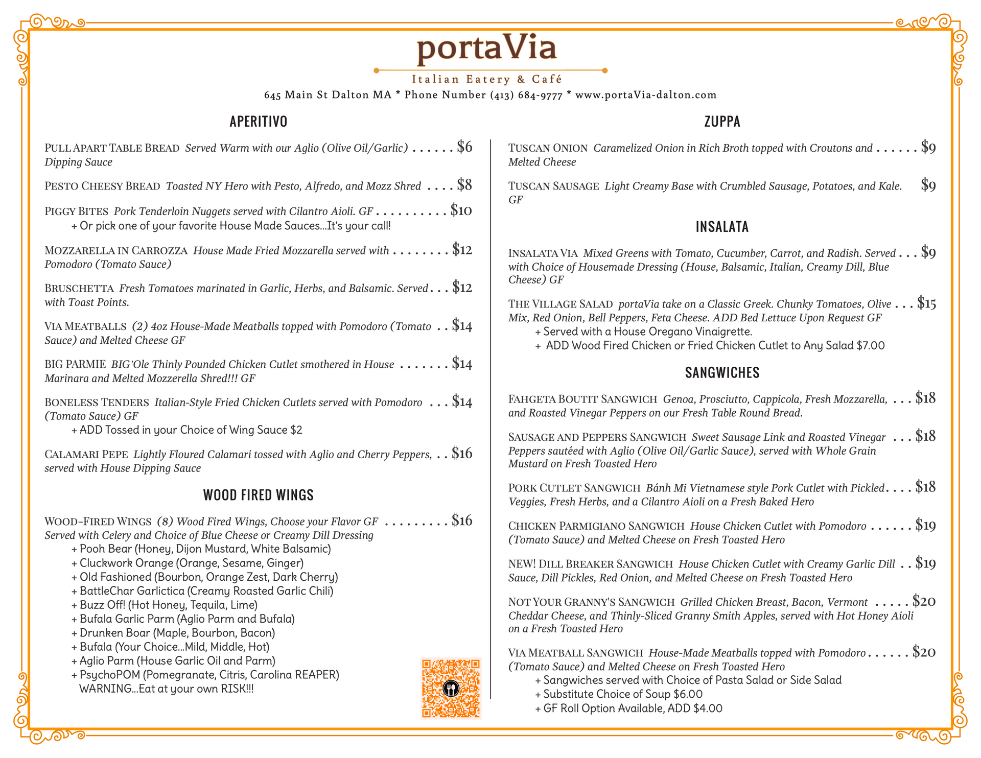 A menu for a restaurant called porta via.