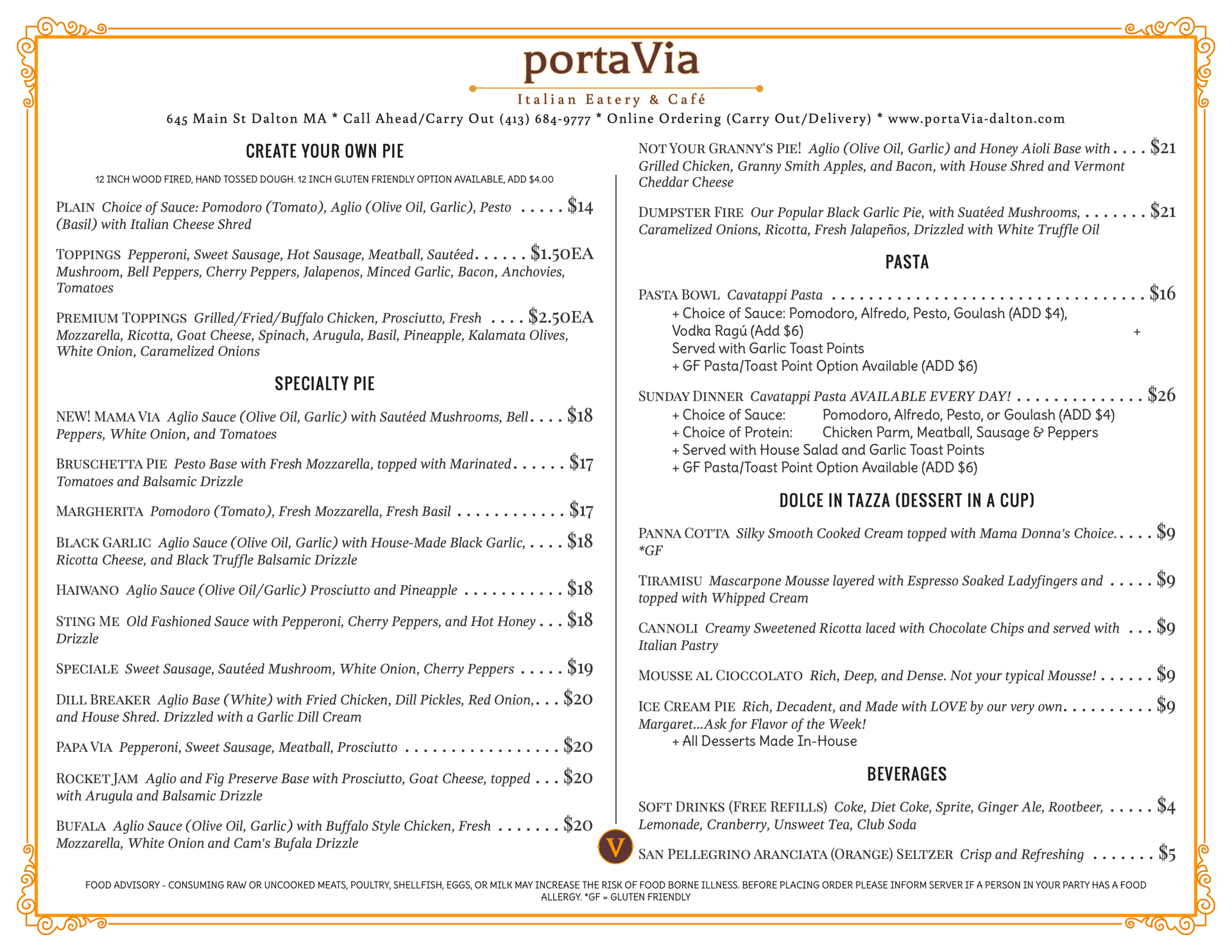 A menu for a restaurant called porta via