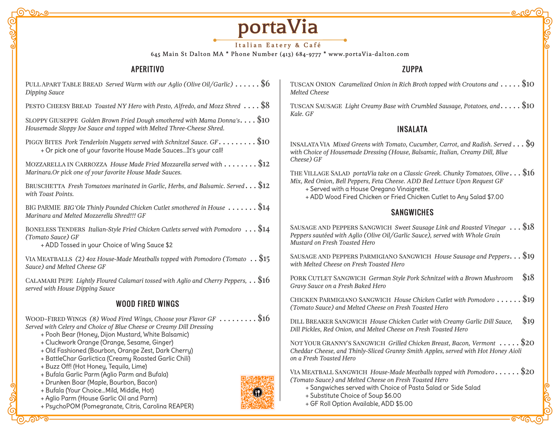 A menu for a restaurant called porta via.
