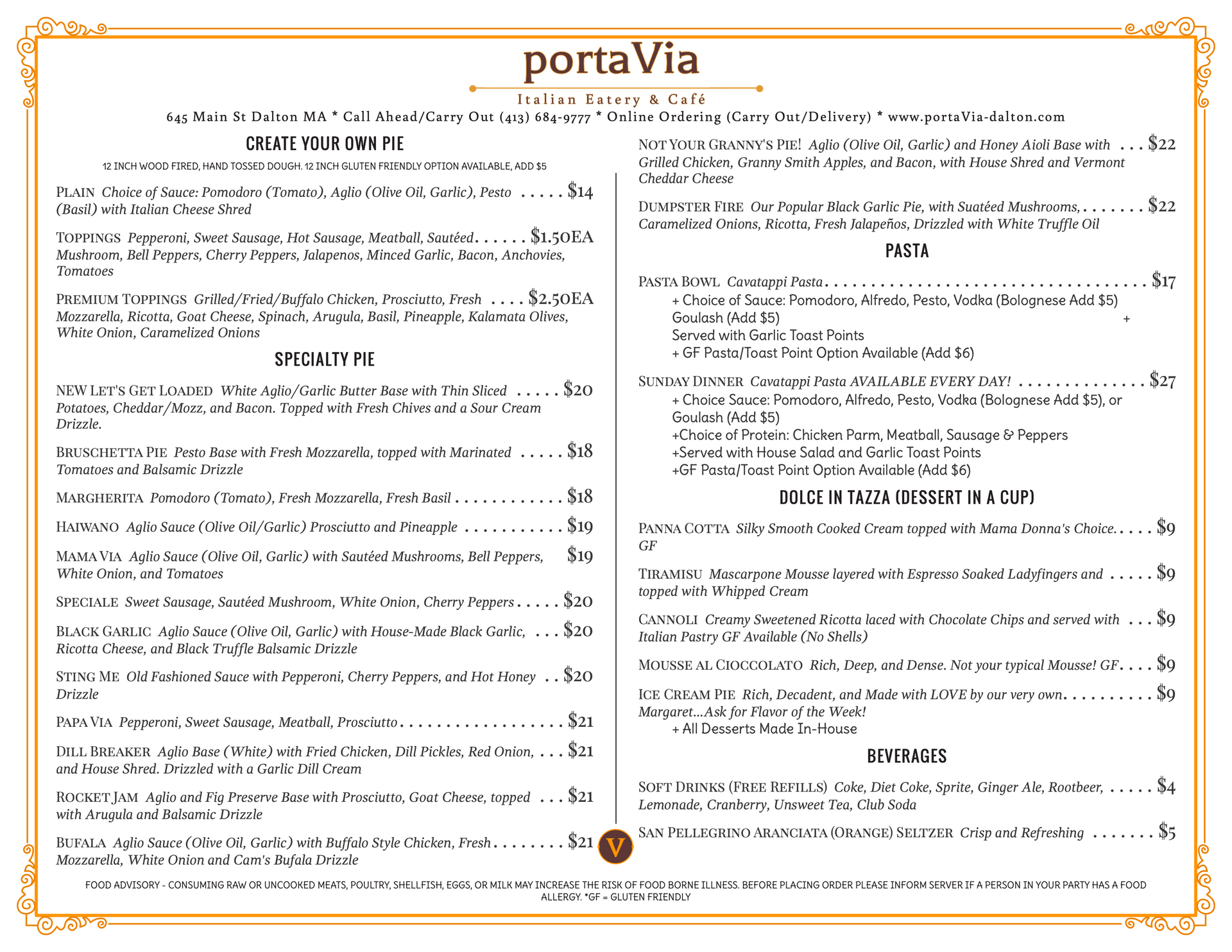 A menu for a restaurant called porta via