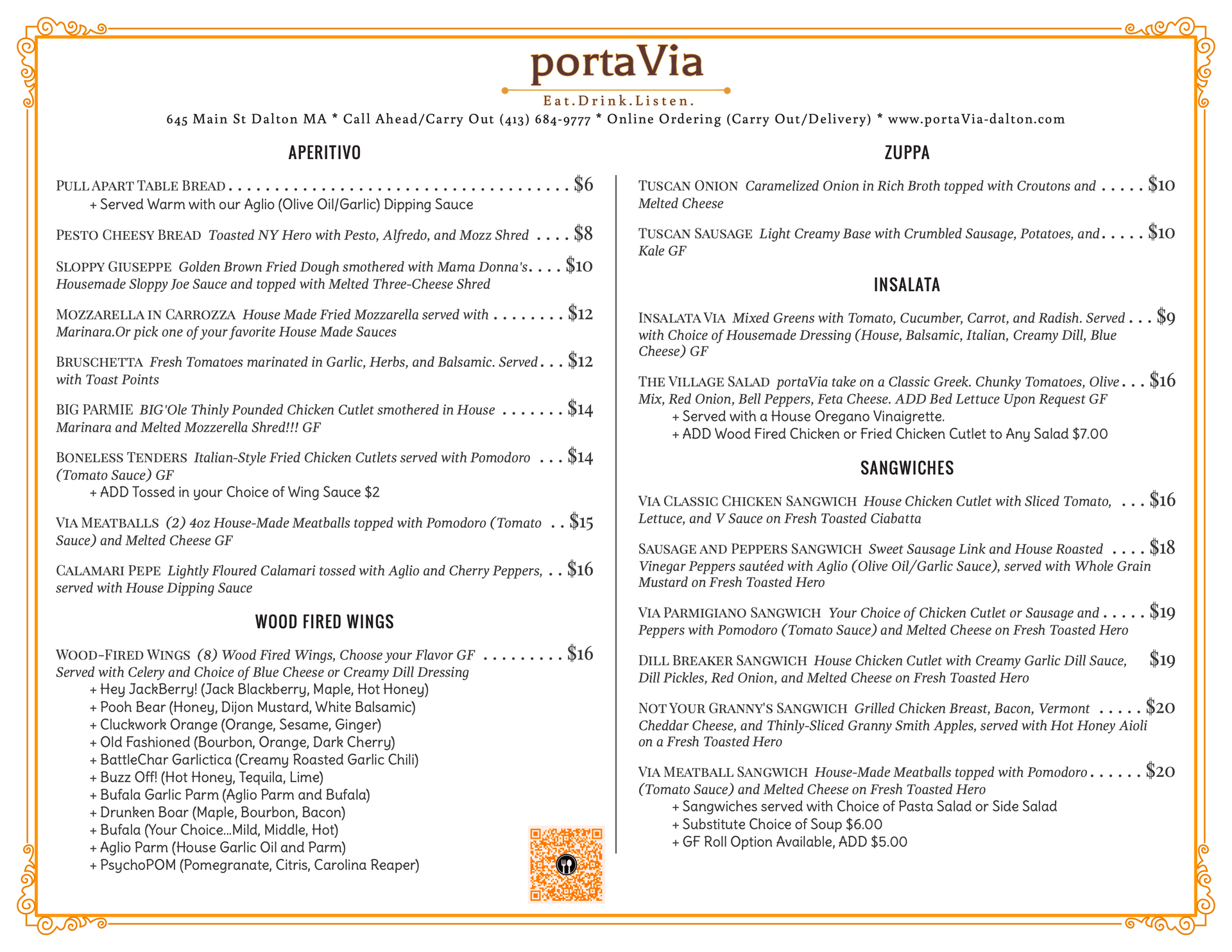 A menu for a restaurant called porta via.