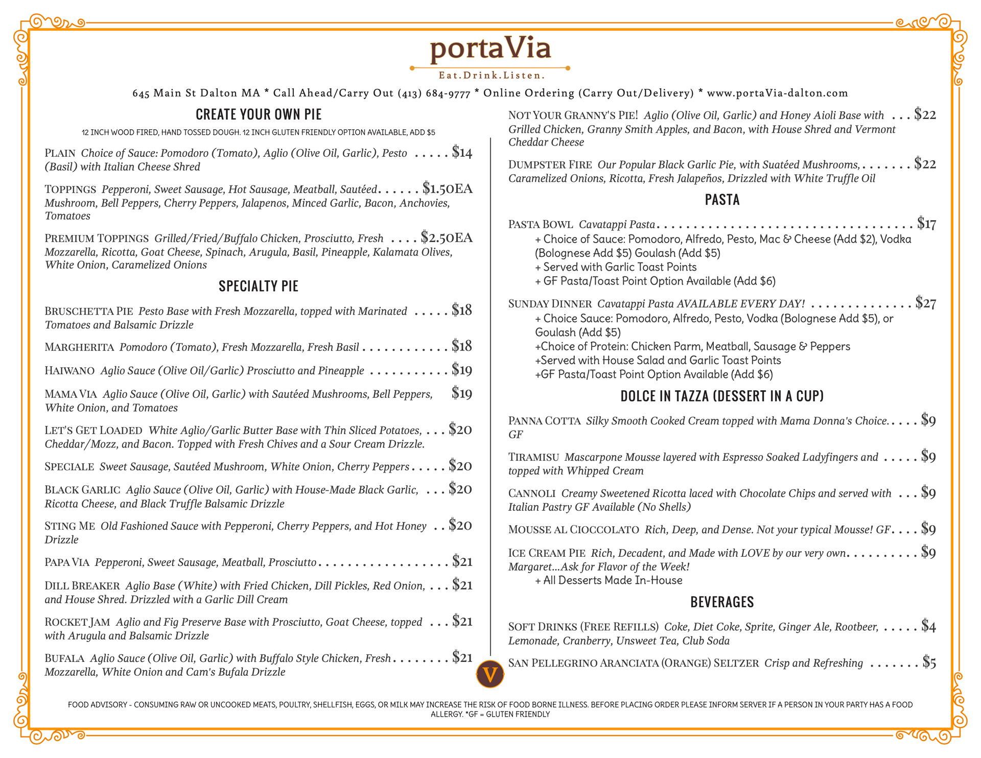 A menu for a restaurant called porta via