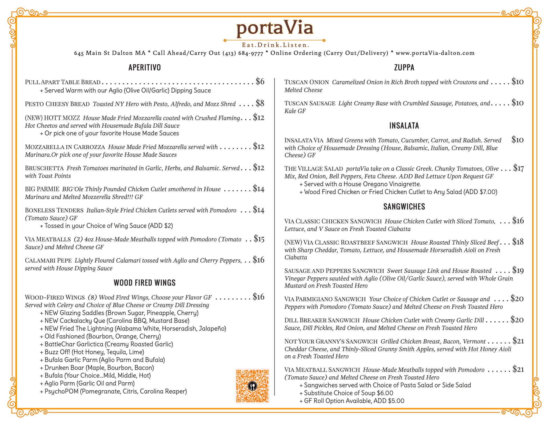 A menu for a restaurant called porta via.