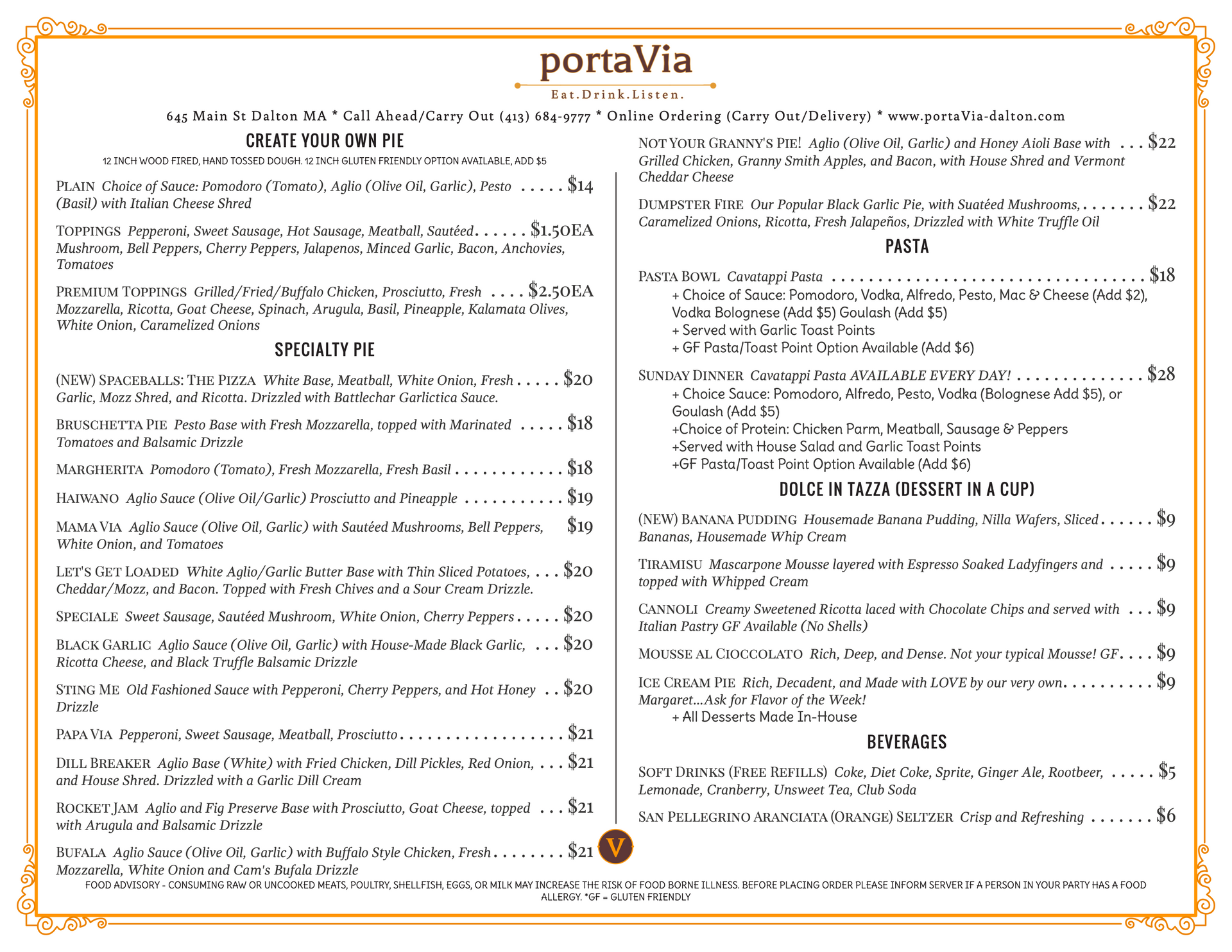 A menu for a restaurant called porta via