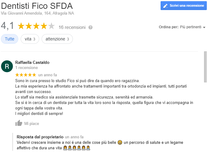 Recensione dello studio Fico da un utente google. Recita 