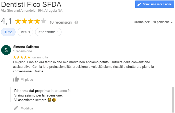 Recensione dello studio Fico da un utente google. Recita 
