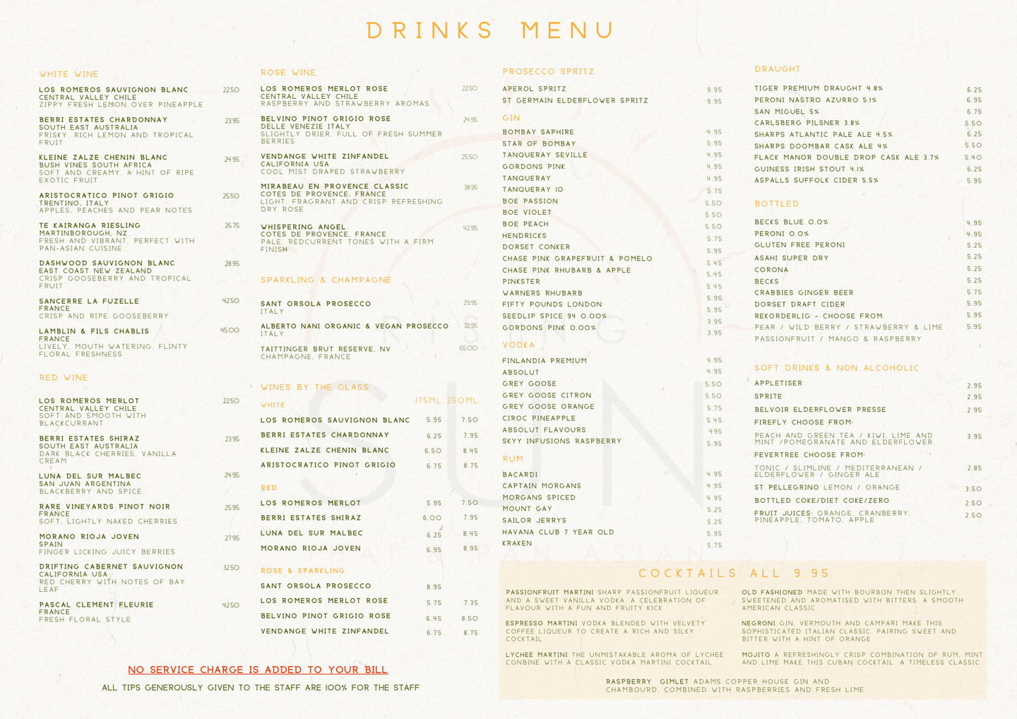 rising sun christchurch dorset drinks menu