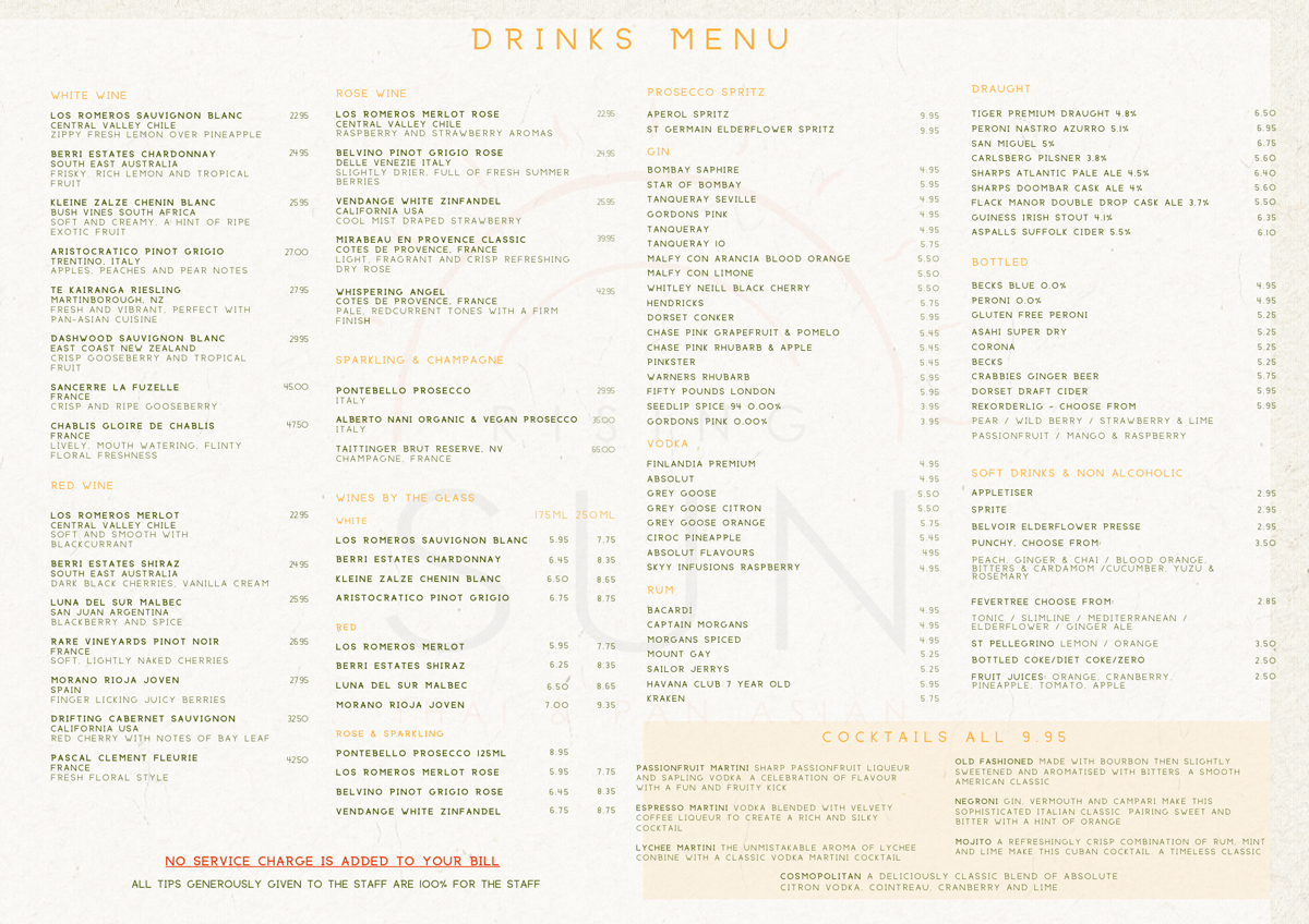 rising sun christchurch dorset drinks menu