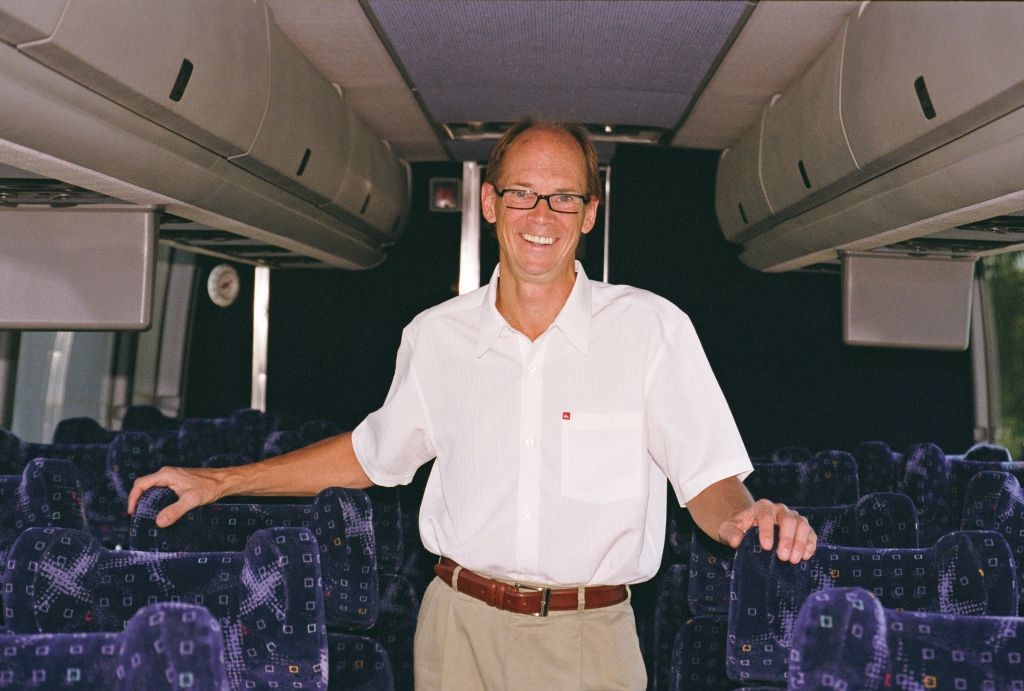 2007: Ray DeNure inside a DeNure Tours motorcoach.