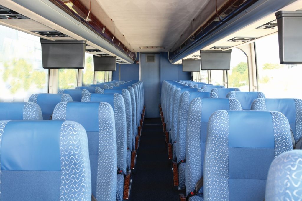 Purple, 48-passenger motorcoach, interior