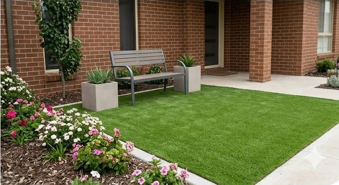 A park bench sits on a small patch of artificial grass in front of a brick house, bordered by flower beds.