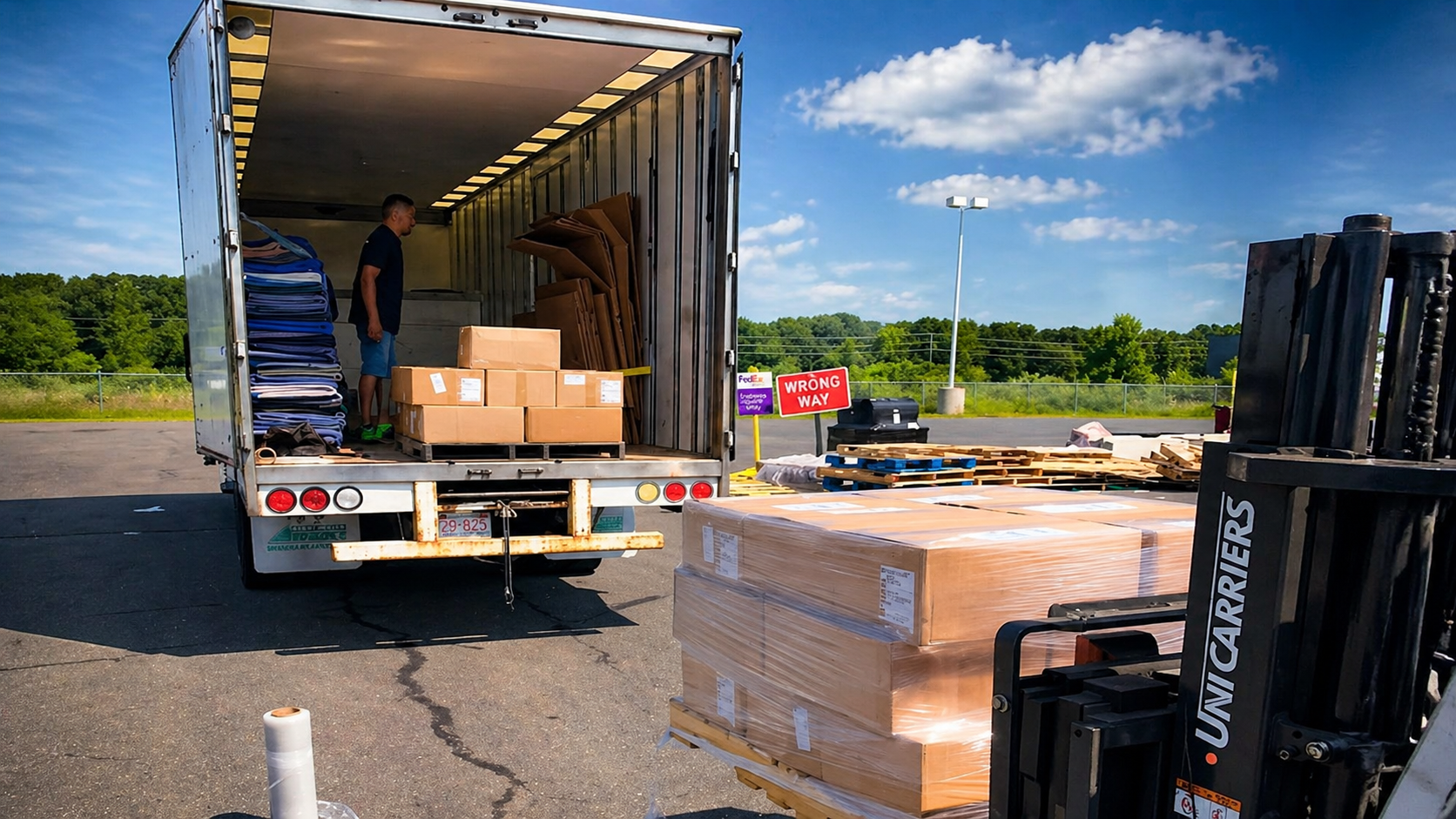 Open truck loaded with boxes and pallets in a sunny parking lot, with forklift forks in foreground