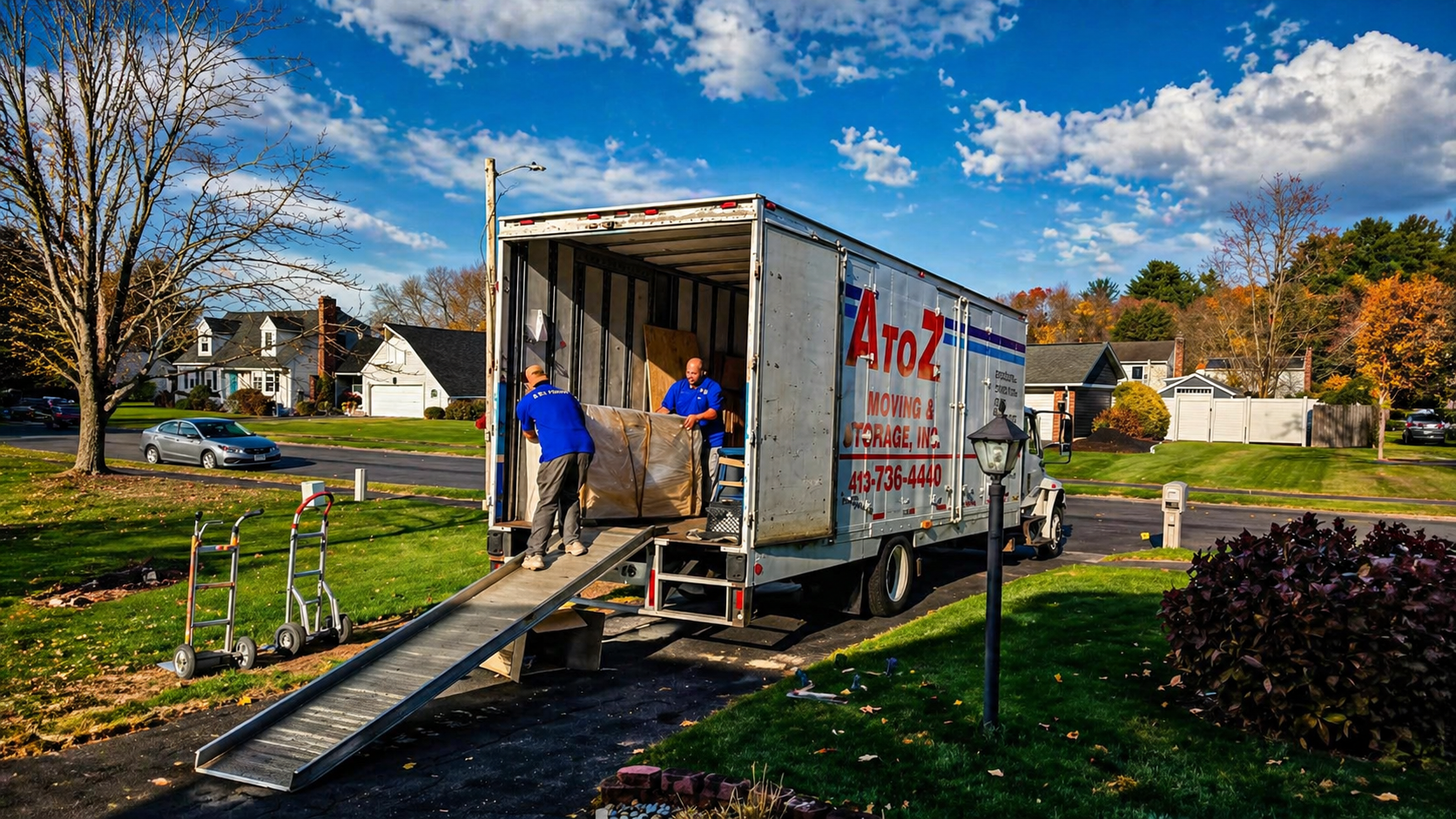 Workers unloading furniture from a moving truck on a suburban street in autumn