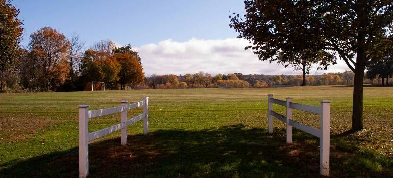 White fence framing a grassy field with autumn trees under a clear blue sky