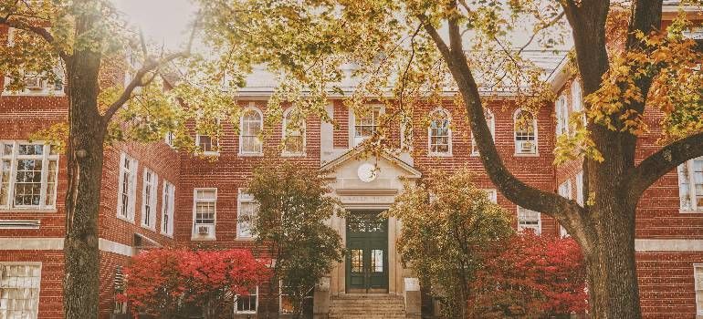 Brick university building framed by autumn trees and red ivy, with a central entrance and white columns