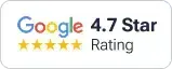 Google 4.7-star rating with five gold stars on a white background