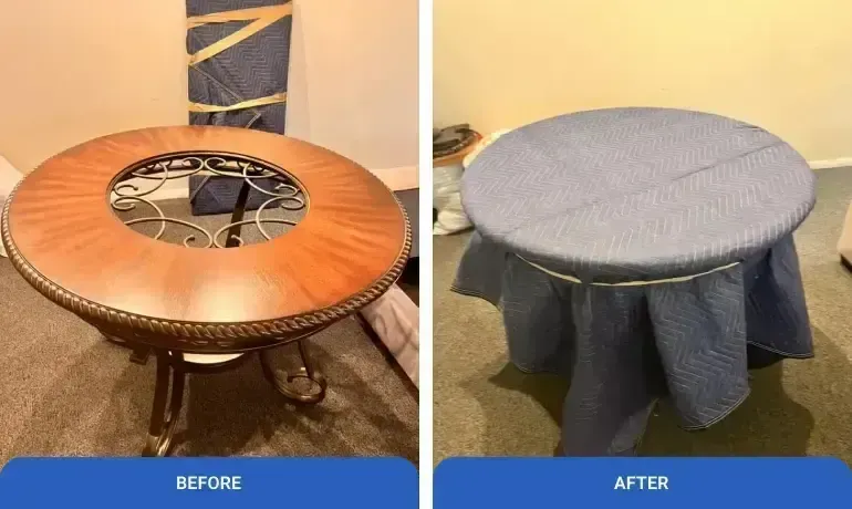 Before and after of a table converted into a round, blue-covered ottoman-style piece