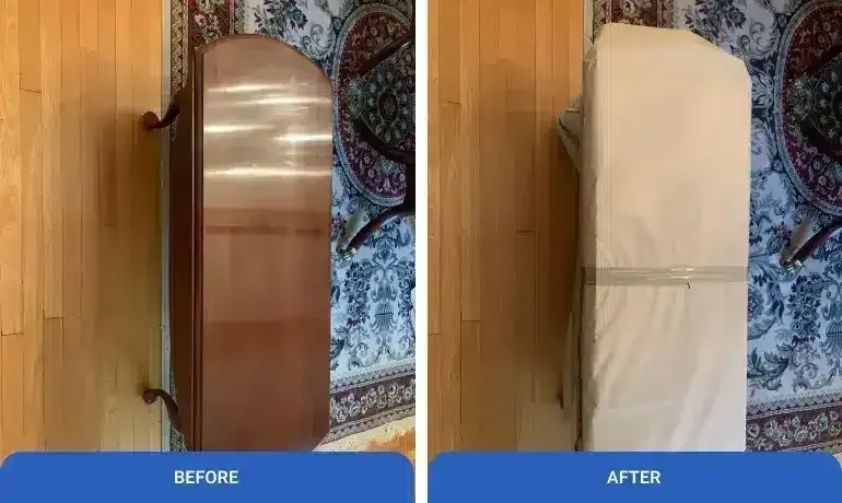 Before-and-after of a wooden cabinet covered with a white fitted slipcover.