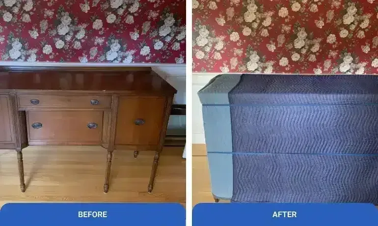 Before-and-after of a wooden dresser: natural wood on left, painted dark blue on right.