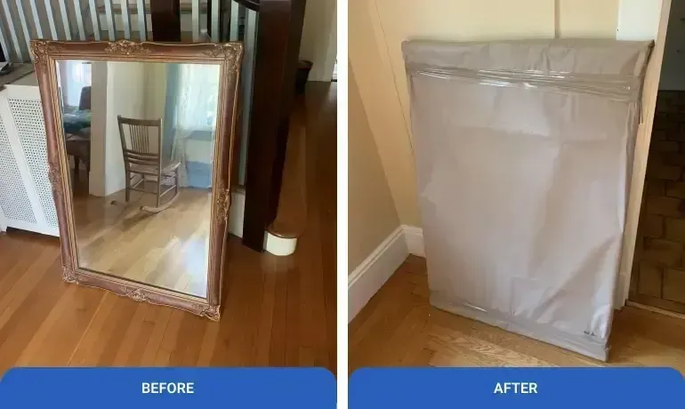 Before-and-after of a mirror wrapped in beige protective padding for moving.