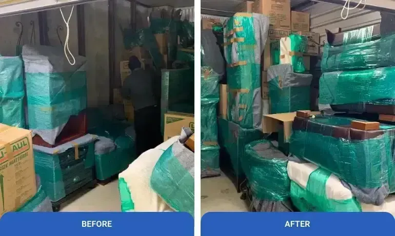 Before-and-after view of stacked, green-wrapped furniture and boxes in a storage area