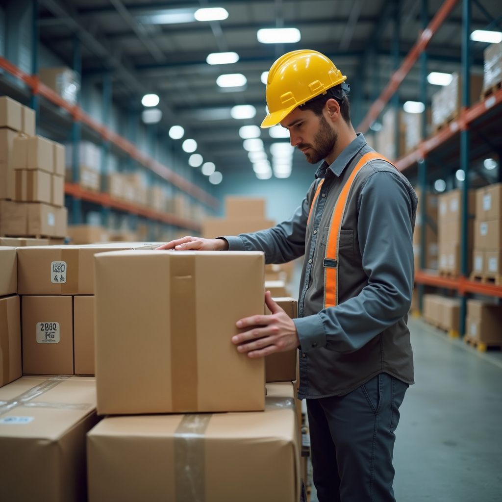 Warehouse worker in a yellow hard hat and safety vest, inspecting a cardboard box on a stack.