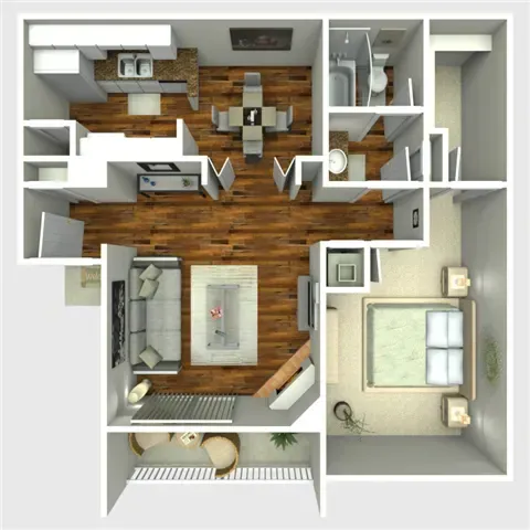 Floor plan of an apartment, showing the kitchen, dining, living, and bedroom areas.