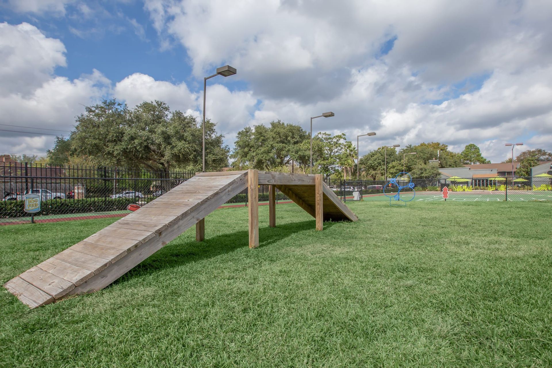 Dog park with wooden ramp on green grass, under cloudy sky.