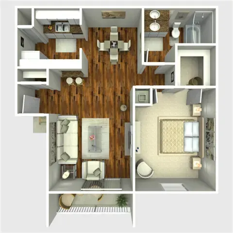 Floor plan of an apartment with a kitchen, dining area, living room, bedroom, bathroom, and balcony.