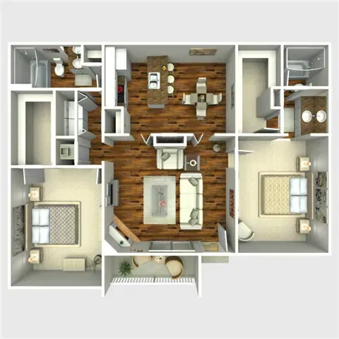 Floor plan of a three-bedroom apartment, showing rooms and furniture placement from an overhead view.