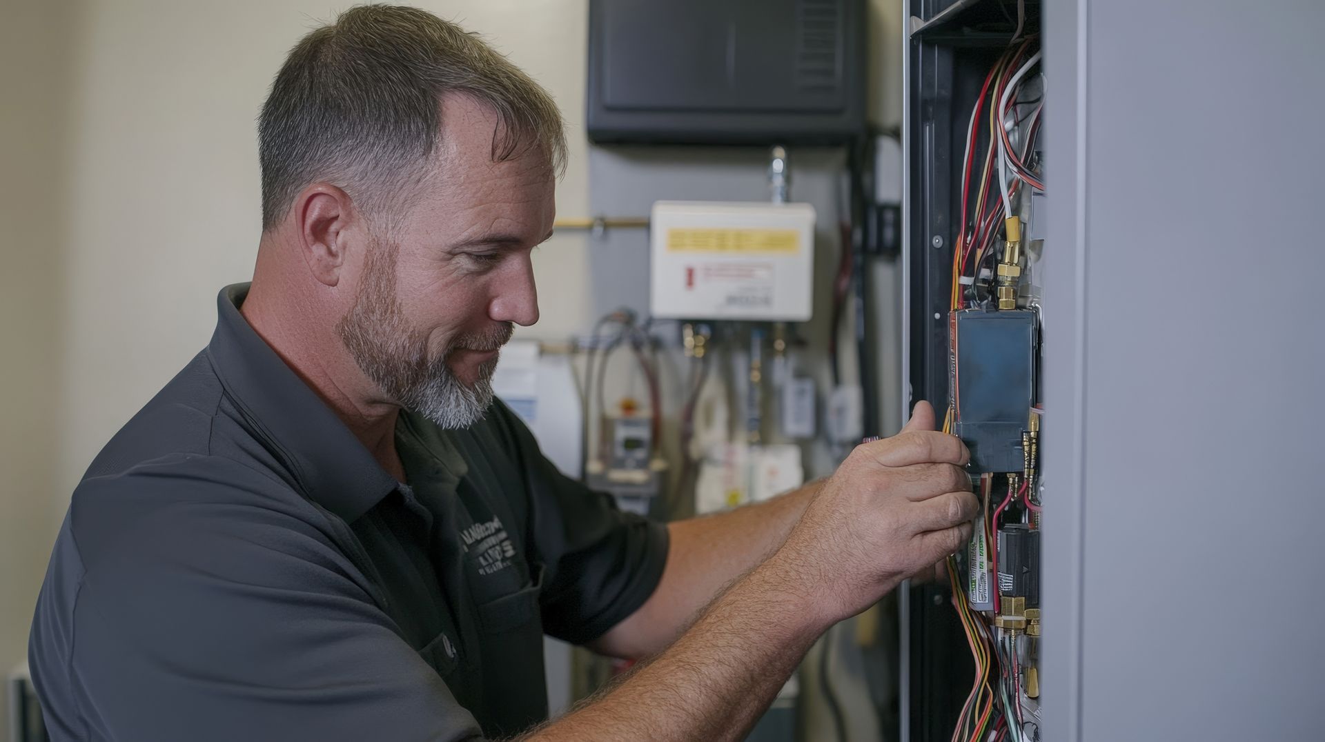 A technician in gray shirt works on electrical components inside a machine.