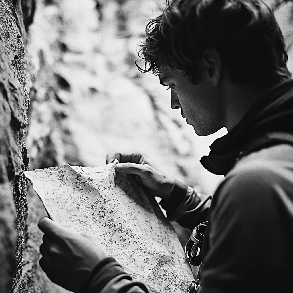 A black and white photo of a man looking at a map