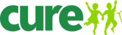 A green and white logo for a company called cure