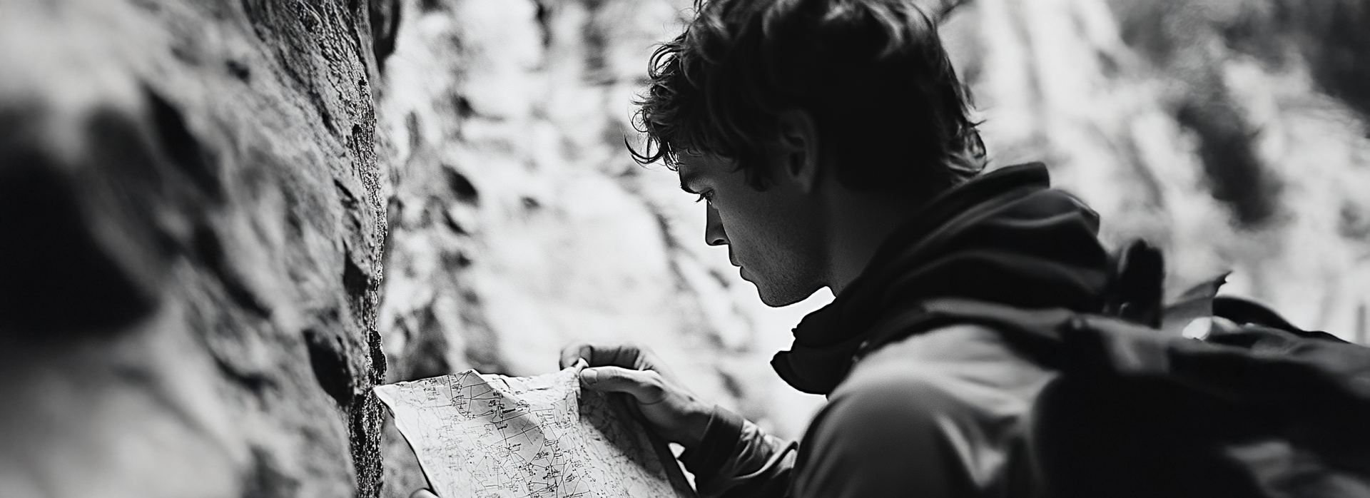 A black and white photo of a man looking at a map.
