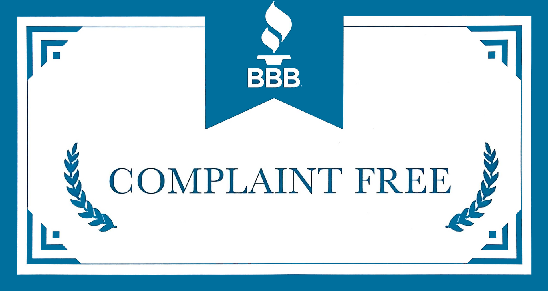 BBB “Complaint Free” blue and white badge with laurel wreaths and geometric border