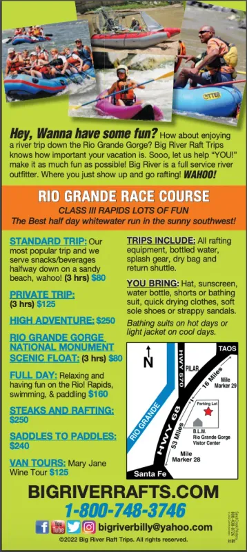 An advertisement for big riverrafts.com shows people in rafts