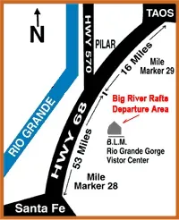 A map showing the location of the big river raft departure area