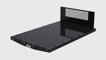 Black flatbed truck body with a mesh head rack, isolated on a white background.