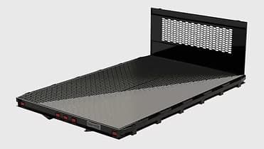 Flatbed truck bed with a headboard and anti-skid surface.