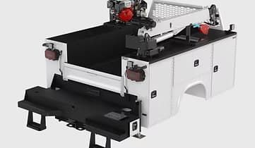 White service truck bed with crane and storage compartments.